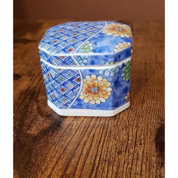 Ashibi Japan Porcelain Trinket Jewelry Box Lid Floral Blue White Vintage Small - Picture 4 of 11